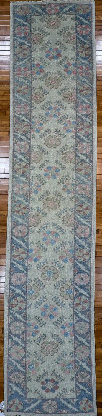 3′ x 15′ Light Blue Fine Hand-Knotted Turkish Oushak Runner Rug – Traditional Wool