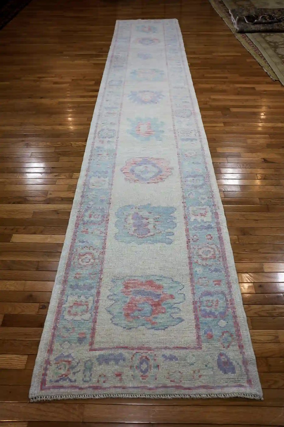 3′ x 16′ Light Blue Fine Hand-Knotted Turkish Oushak Runner Rug – Traditional Wool
