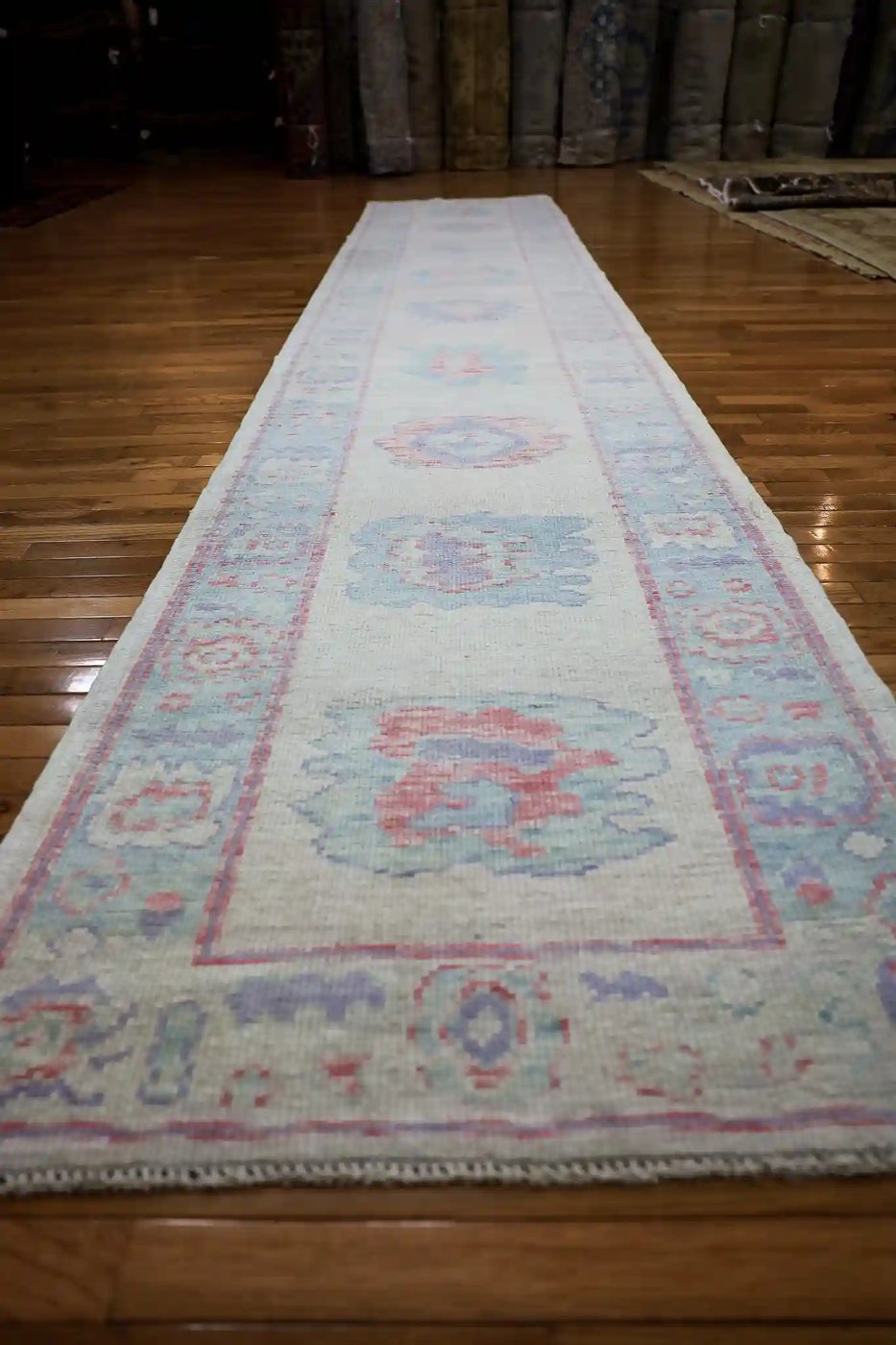 3′ x 16′ Light Blue Fine Hand-Knotted Turkish Oushak Runner Rug – Traditional Wool