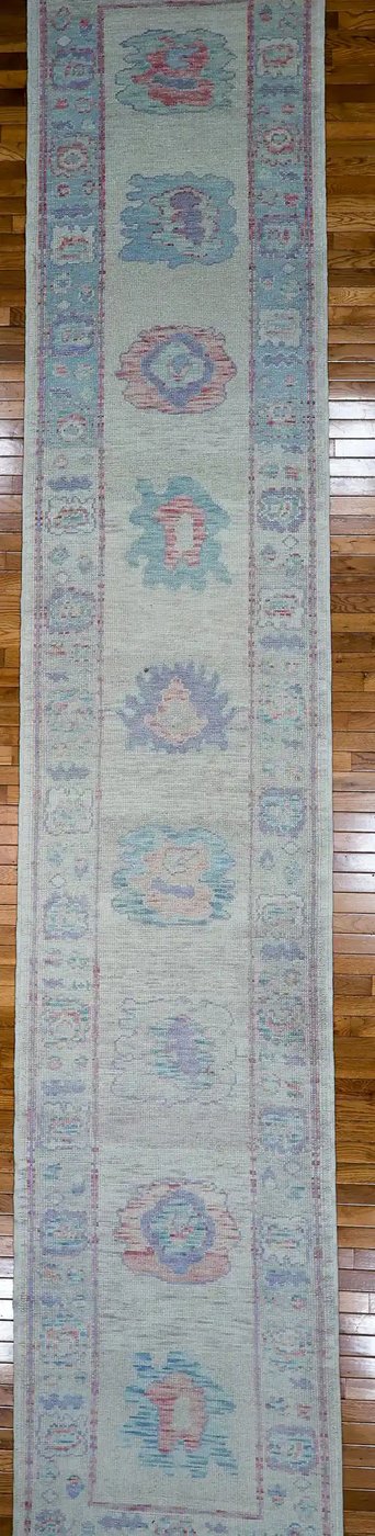 3′ x 16′ Light Blue Fine Hand-Knotted Turkish Oushak Runner Rug – Traditional Wool