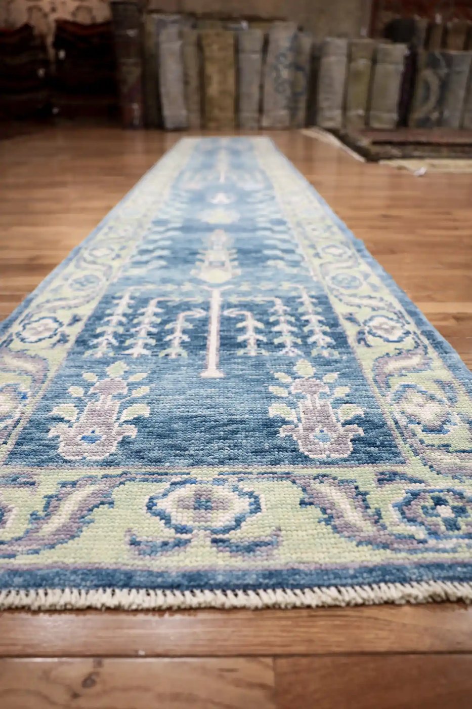 3′ x 16′ Blue Fine Hand-Knotted Turkish Oushak Runner Rug– Traditional Wool