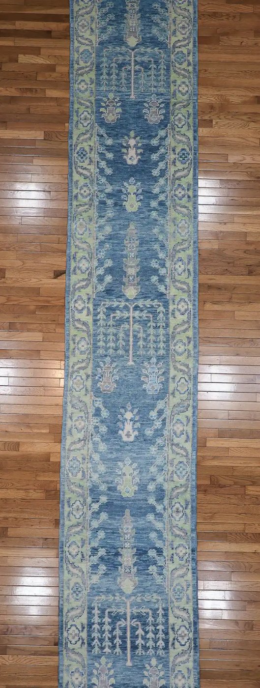 3′ x 16′ Blue Fine Hand-Knotted Turkish Oushak Runner Rug– Traditional Wool