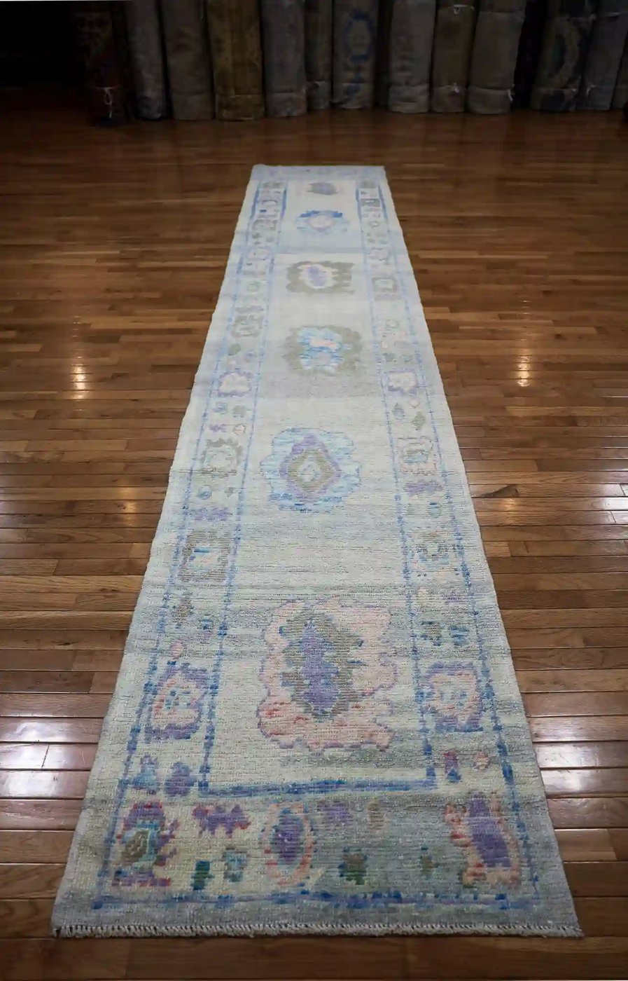 3′ x 15′ Light Blue Fine Hand-Knotted Turkish Oushak Runner Rug– Traditional Wool