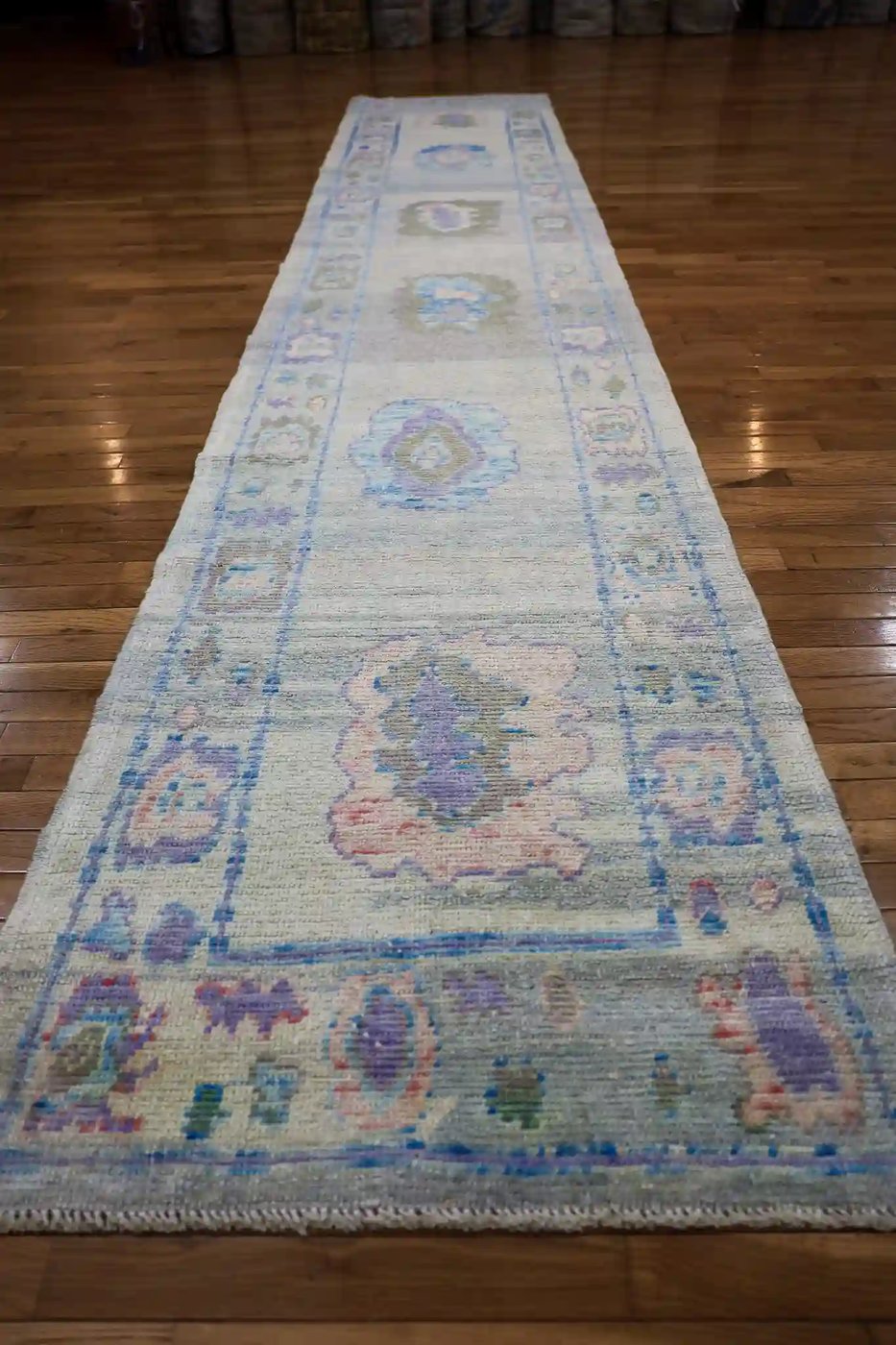 3′ x 15′ Light Blue Fine Hand-Knotted Turkish Oushak Runner Rug– Traditional Wool