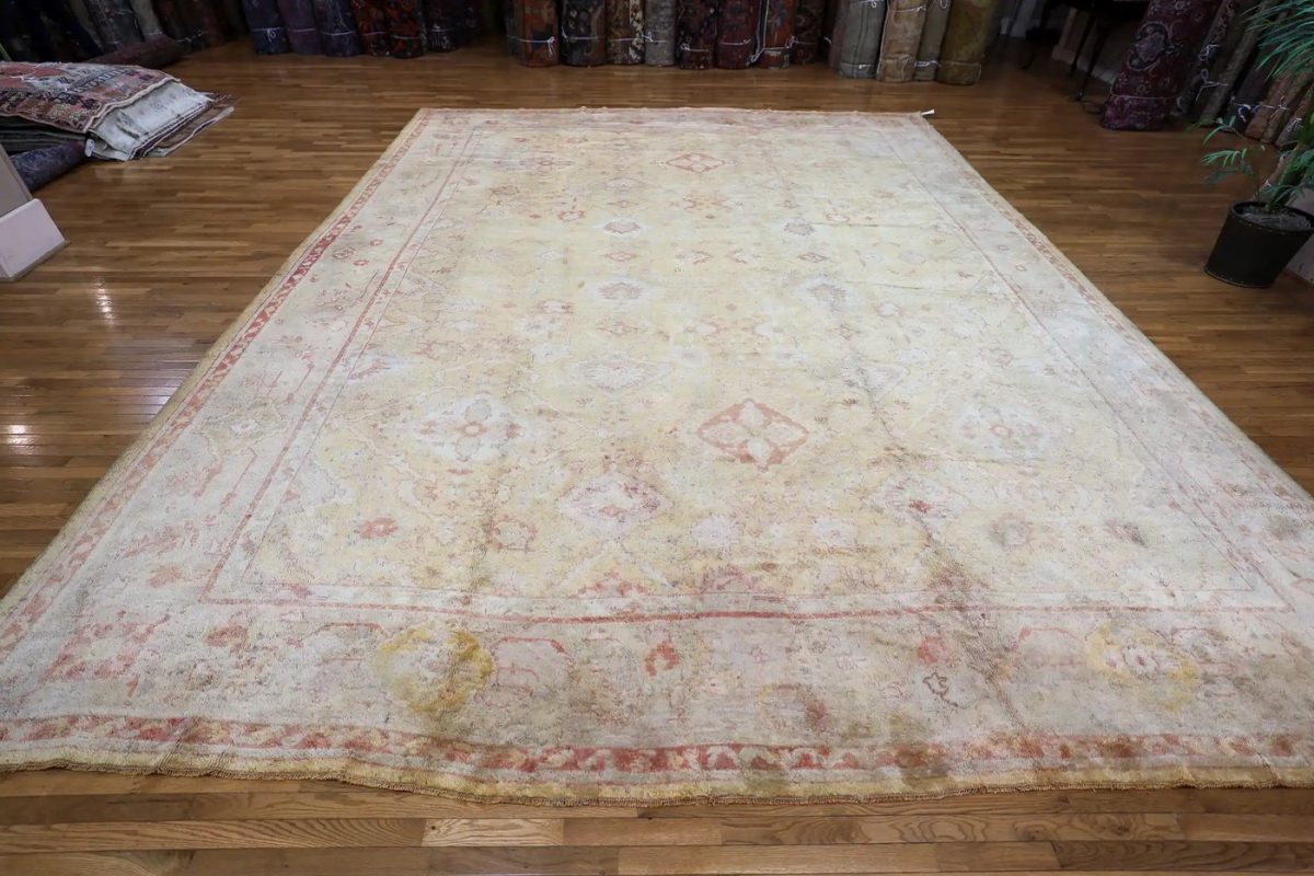 13′ x 18′ Ivory Fine Hand-Knotted Antique Turkish Oushak Rug – Traditional Wool