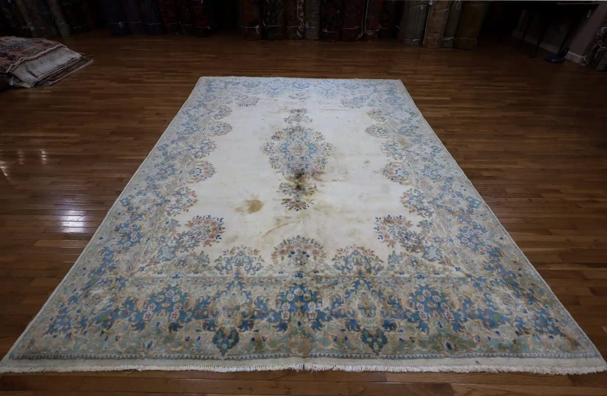 8′ x 13′ Ivory Fine Hand-Knotted Persian Kerman Rug – Traditional Wool