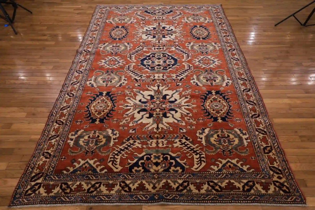 7′ x 9′ Rust Red Hand-Knotted Vintage Pakistan Shirvan Design Rug – Traditional Wool