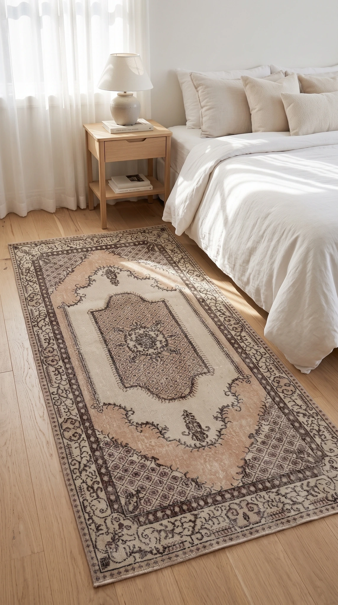 Medallion Runner Rug in Peach, Cream, and Charcoal