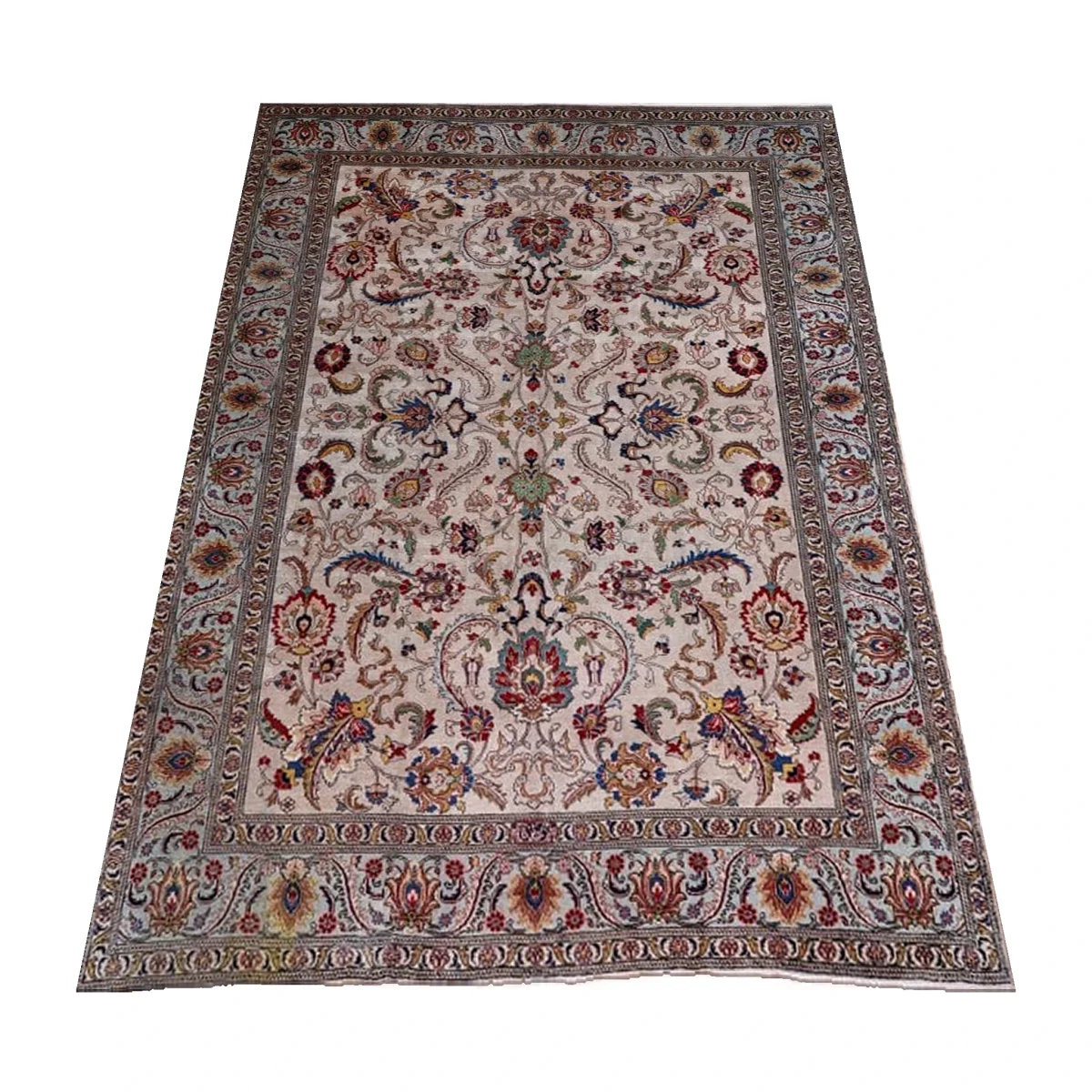 5d076a44-1639-4da3-bcf7-8ce49f3978ae.webp 10x13 Light Cream & Ice Blue Hand-Knotted Vintage Wool Rug