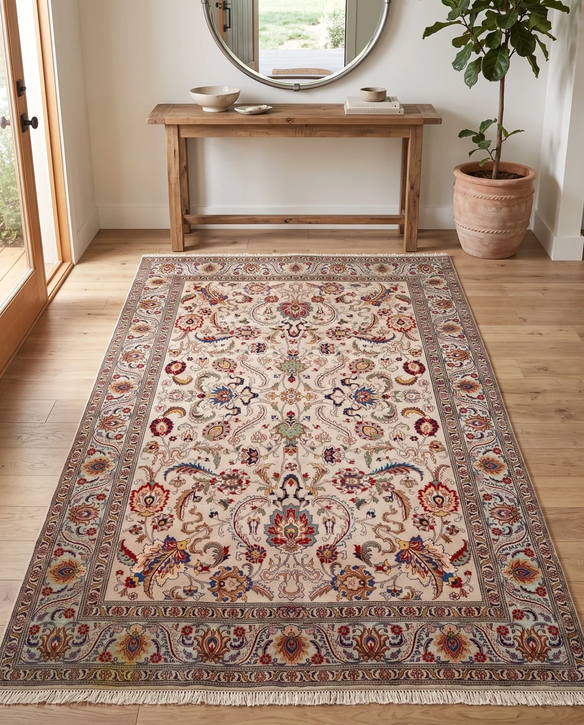 67bf93c7-77b8-4d82-a88d-7cfe1f45a600.webp 10x13 Light Cream & Ice Blue Hand-Knotted Vintage Wool Rug
