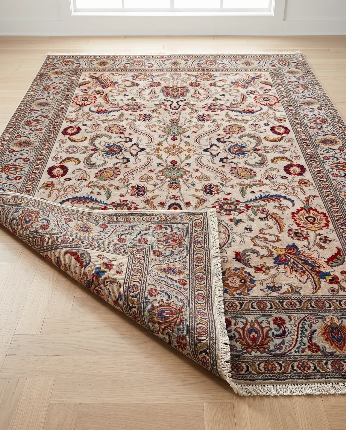 851a4425-974c-4841-a754-3a35d81cc54b.webp 10x13 Light Cream & Ice Blue Hand-Knotted Vintage Wool Rug