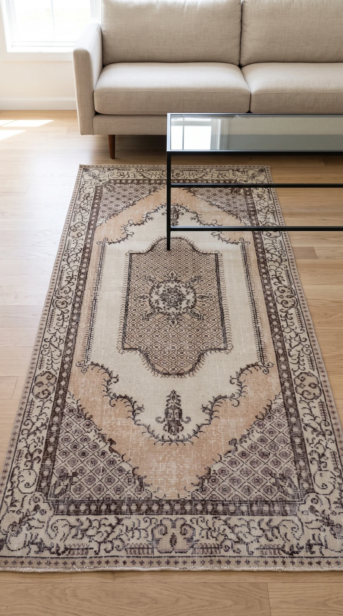 Medallion Runner Rug in Peach, Cream, and Charcoal